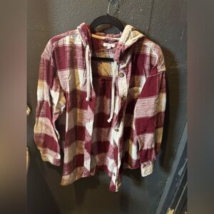Maurices Burgundy and Cream Hooded Button UP Flannel Size Large